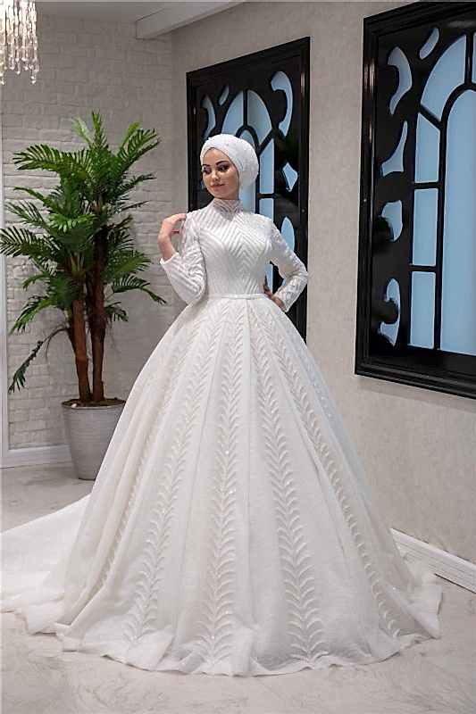 Hakim Yaka Kristal İşlemeli Prense Model Tesettür Gelinlik
