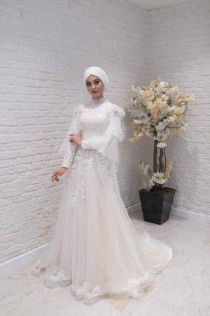 Tül Etekli Hakim Yaka Helen Tesettür Gelinlik