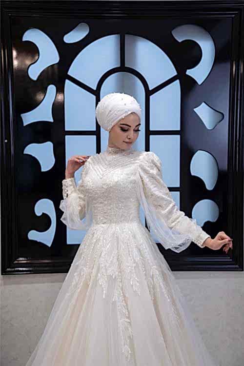 Alternative view of Tül Etekli Hakim Yaka Helen Tesettür Gelinlik