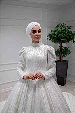 Alternative view of Uzun Kollu Taş İşlemeli A Kesim Tesettür Gelinlik